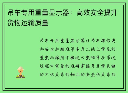 吊车专用重量显示器：高效安全提升货物运输质量